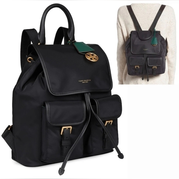 Tory Burch Black Designer Perry Nylon Backpack Women's Travel Shoulder Bag